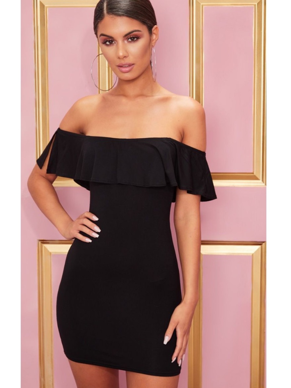 Pretty Little Thing Off The Shoulder Black Frill Detail Bodycon Dress
Size 2 NWT